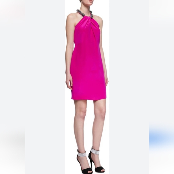 ⭕️ PRICE FIRM Carmen Marc Valvo Pink Embellished Halter Neck Dress Size 8 - Picture 1 of 4